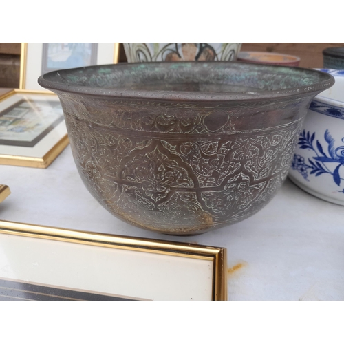 43 - Persian / Islamic interest : 19th century Kashmiri copper work bowl with Victorian back stamp, Denby... 