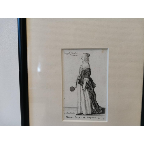 44 - 2 x 19th century etchings after W Hollar (1607-1677)  : Merchants Daughter 10 cms x 7 cms & English ... 