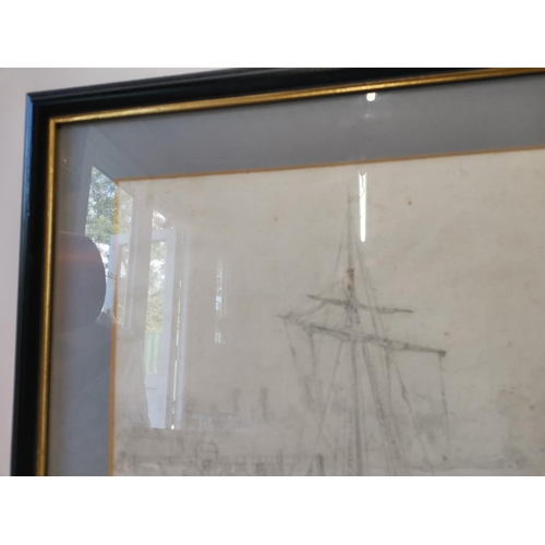 45 - John Sell Cotman (1782 - 1842), pencil drawing of a sailing vessel moored in estuary, framed and gla... 