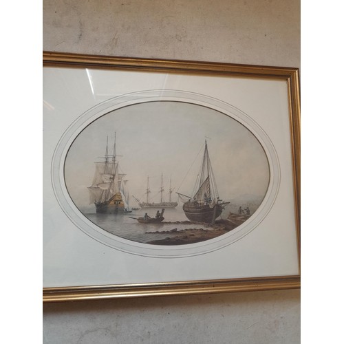 46 - Samuel Atkins (Exh. 1778-1808 ) Watercolour signed label verso, Plymouth Sound 28 cms x 39 cms frame... 