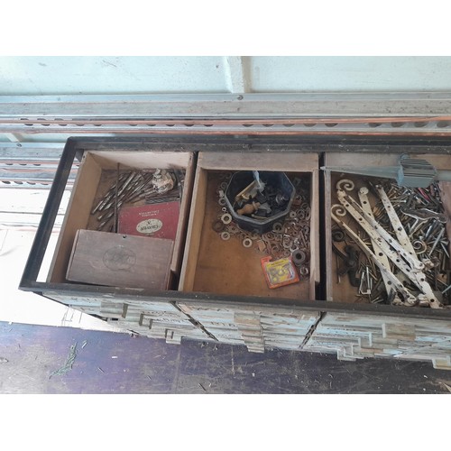 54 - Vintage wood and metal chest of drawers full of tools, fixings, discs etc. (this unit is very heavy ... 