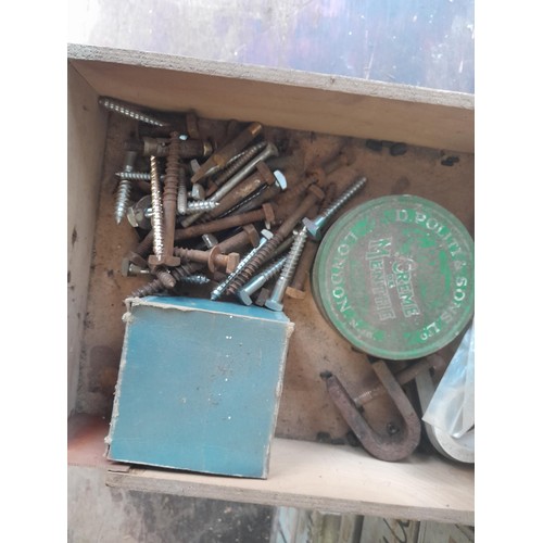 54 - Vintage wood and metal chest of drawers full of tools, fixings, discs etc. (this unit is very heavy ... 