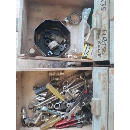 54 - Vintage wood and metal chest of drawers full of tools, fixings, discs etc. (this unit is very heavy ... 