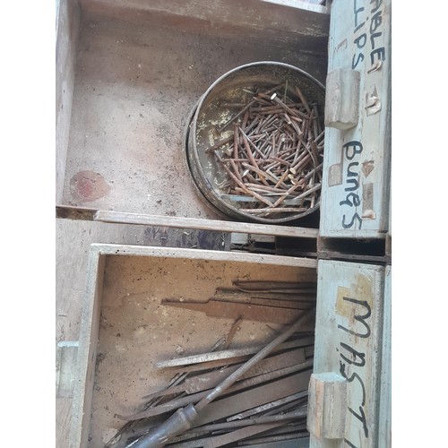 54 - Vintage wood and metal chest of drawers full of tools, fixings, discs etc. (this unit is very heavy ... 