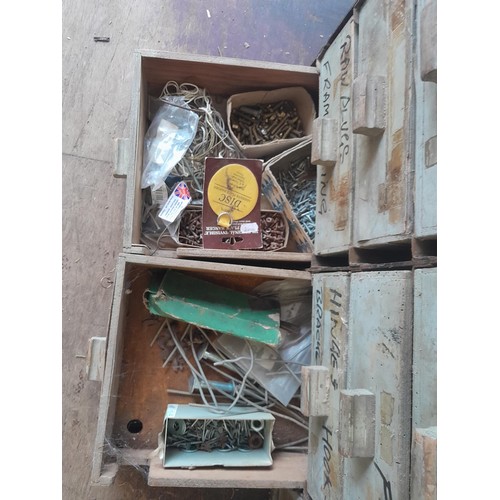 54 - Vintage wood and metal chest of drawers full of tools, fixings, discs etc. (this unit is very heavy ... 