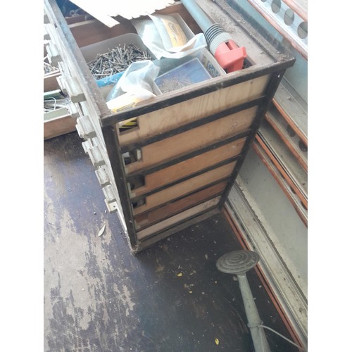 54 - Vintage wood and metal chest of drawers full of tools, fixings, discs etc. (this unit is very heavy ... 