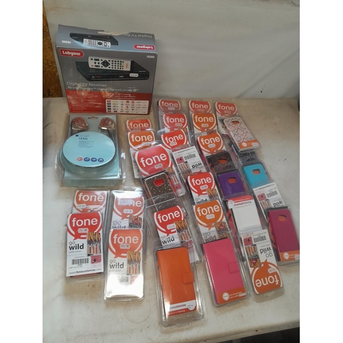 56 - Box of oddments : New Old Stock : mobile phone cases, door handles , door locks, digital receiver & ... 