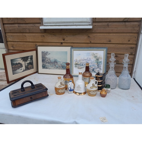 61 - Array of assorted pottery and glass decanters, desk stand, various pictures framed and good roll of ... 