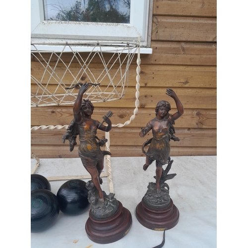 71 - Pair of spelter figures (note minor damage) 2 x sets of vintage Henselite bowls, one in box, early 2... 