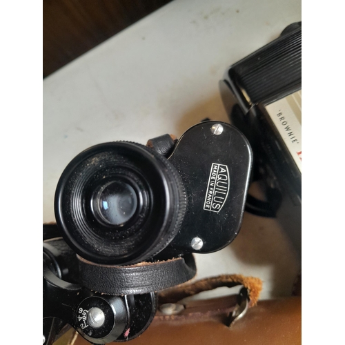 74 - Binoculars Aquilus 8 x 30, Praktica camera with 1:1.8 lens, zoom lens in padded case & vintage camer... 