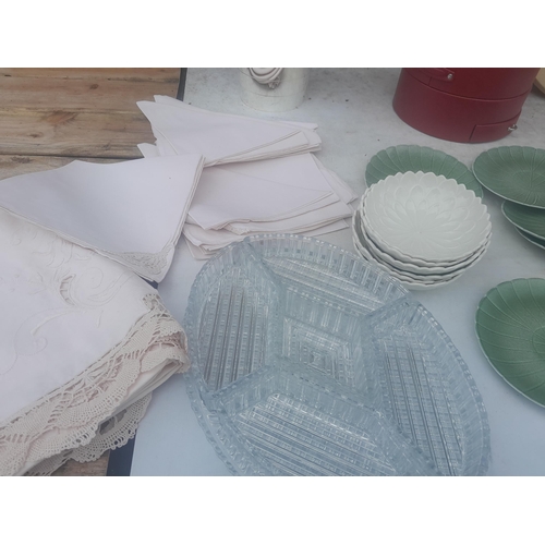 77 - China and glass ware, stainless ice bucket, shoe horn, Belgian lace work table cloth and serviettes,... 