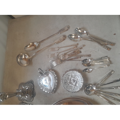 86 - Mappin and Webb Oak canteen,  silver plated cutlery, serviette rings, tray, candle sticks, dishes,  ... 