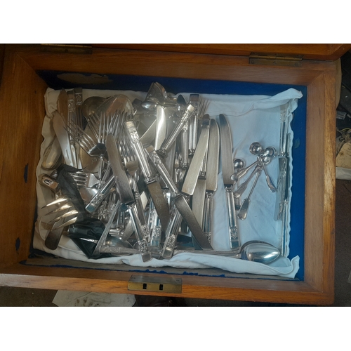 86 - Mappin and Webb Oak canteen,  silver plated cutlery, serviette rings, tray, candle sticks, dishes,  ... 