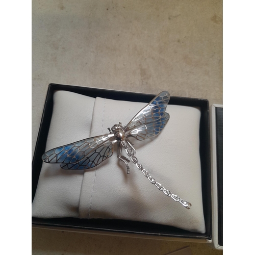 89 - A Nicole Barr Sterling silver and diamond plique a jours dragonfly brooch in box of issue with some ... 