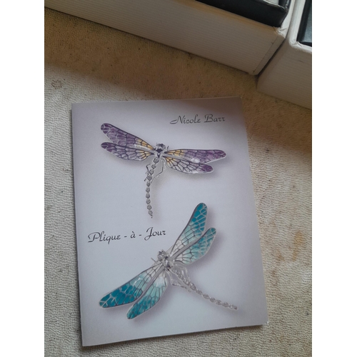 89 - A Nicole Barr Sterling silver and diamond plique a jours dragonfly brooch in box of issue with some ... 