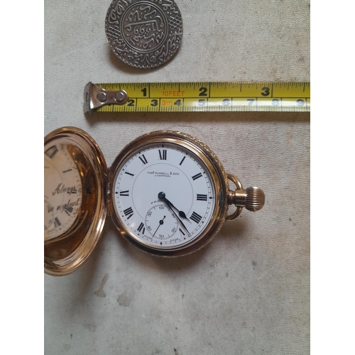 90 - Gold plated case Elgin pocket watch retailed through Thomas Russell of Liverpool (for spares repair)... 