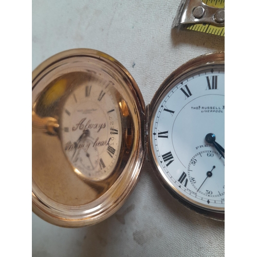 90 - Gold plated case Elgin pocket watch retailed through Thomas Russell of Liverpool (for spares repair)... 