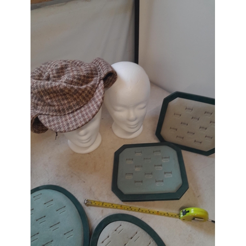 98 - Various jewellery display stands, mannequin heads and Sherlock Holmes hat