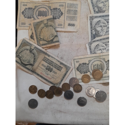 198 - Coins : Crowns, GB coins, foreign bank notes, print and postcards, family black and white snaps etc