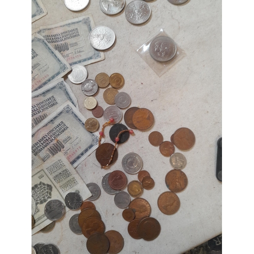 198 - Coins : Crowns, GB coins, foreign bank notes, print and postcards, family black and white snaps etc