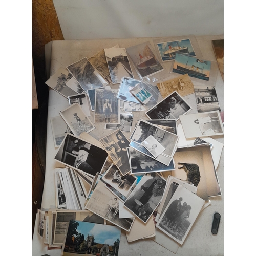 198 - Coins : Crowns, GB coins, foreign bank notes, print and postcards, family black and white snaps etc