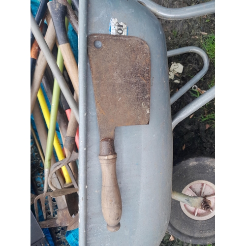 200 - Wheelbarrow of garden tools, fireman's axe, hatchet, brass fire kerb etc.