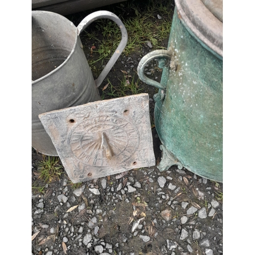 202 - 2 x vintage watering cans (one with rose), damaged lead sundial & coal bucket and lid