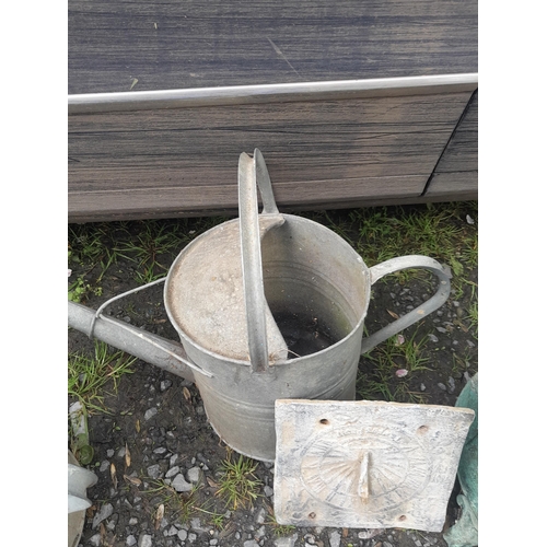 202 - 2 x vintage watering cans (one with rose), damaged lead sundial & coal bucket and lid