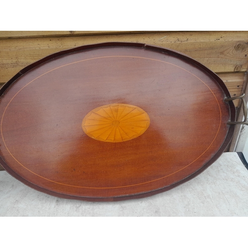 208 - Edwardian mahogany inlaid cake stand and tray