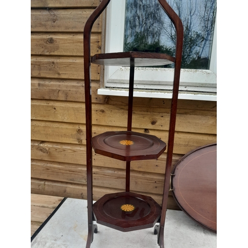 208 - Edwardian mahogany inlaid cake stand and tray