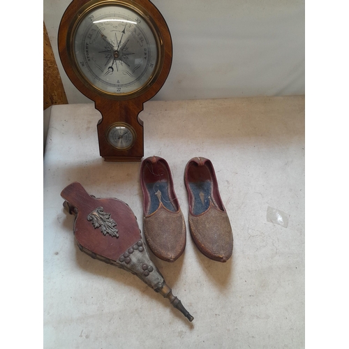 227 - Vintage compensated barometer, bellows and Chinese embroidered Mandarin type shoes