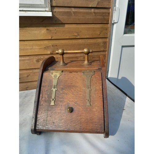 243 - Early 20th century oak coal bucket, Edwardian cast iron burnished plaque, brass ware, including ship... 