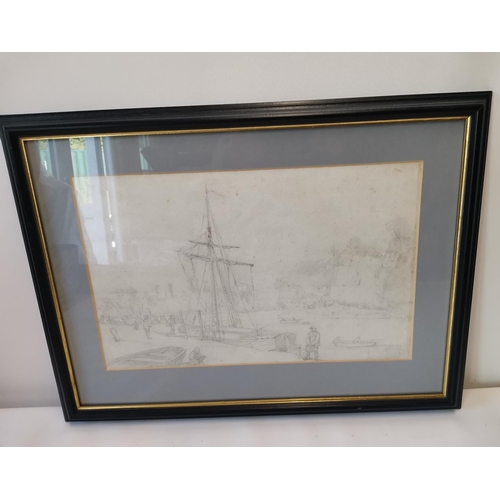 546 - John Sell Cotman (1782 - 1842), pencil drawing of a sailing vessel moored in estuary, framed and gla... 