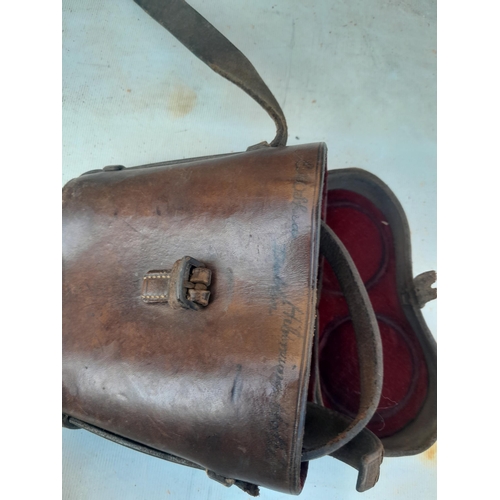 51 - Box of oddments : early 20th century empty leather field binoculars case, kitchenalia : 2 x vintage ... 