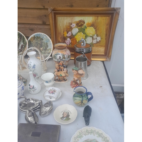 126 - Large array of china glass and oddments: collectors plates, Binoculars Prinzlux , Goebel figures, st... 