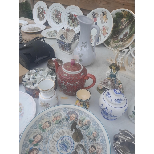 126 - Large array of china glass and oddments: collectors plates, Binoculars Prinzlux , Goebel figures, st... 