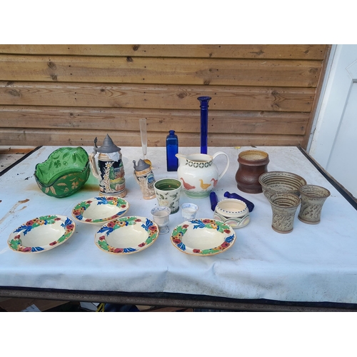 1 - Box of decorative china and glass ware : studio pottery, cobalt blue glass, Moorland Pottery etc.