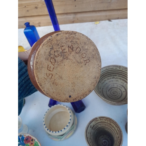 1 - Box of decorative china and glass ware : studio pottery, cobalt blue glass, Moorland Pottery etc.