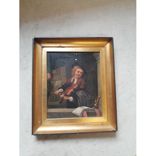 9 - 19th century Continental School oil on tin by C Dow in gilt frame Man playing Violin 20 cms x 16 cms
