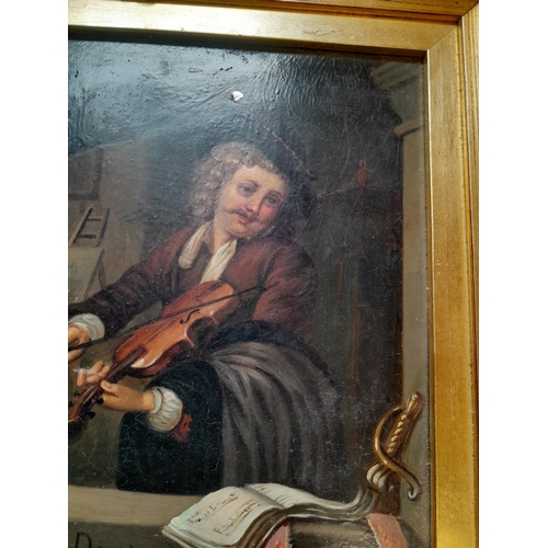 9 - 19th century Continental School oil on tin by C Dow in gilt frame Man playing Violin 20 cms x 16 cms