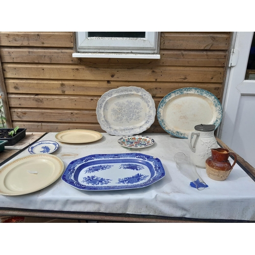 10 - Collection of 19th century and later meat chargers, damaged stoneware jug , pewter lidded jug etc.