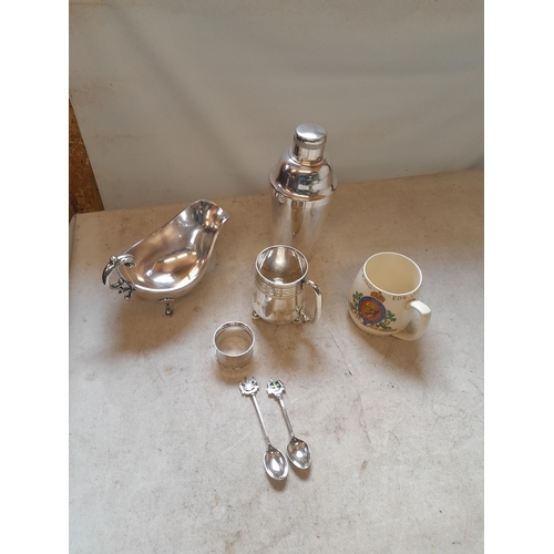 12 - 2 x silver teaspoons, silver plated cocktail shaker and sauceboat, serviette ring commemorative mug