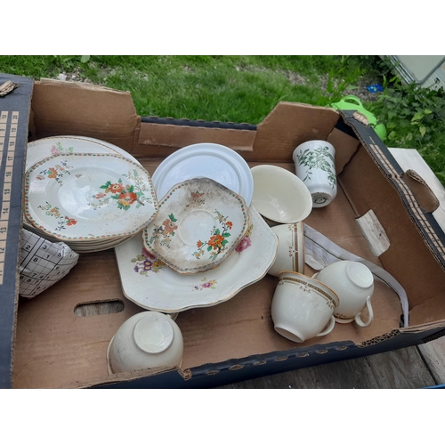24 - 2 x boxes of assorted china : brown and white and blue and white transfer etc