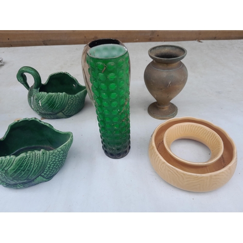 27 - Box of decorative china and glassware, damaged coloured vase, 2 x majolica swan vases, West German v... 