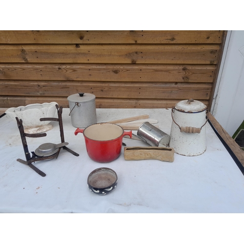 28 - Le Creuset swing pot on stand with burner (no lid), enamel ware etc.