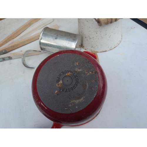 28 - Le Creuset swing pot on stand with burner (no lid), enamel ware etc.