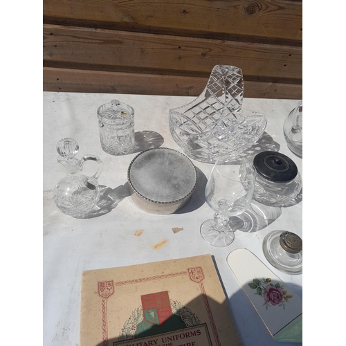 66 - Assorted cut and other glassware, mounted cigarette cards in album, Coalport and other china