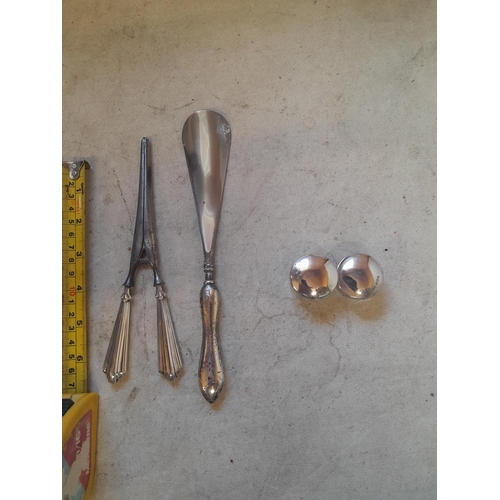 85 - Silver handle glove stretchers & pair of silver and glass pots
