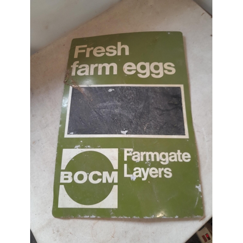91 - Vintage double sided tin sign : BOCM Farm Gate Layers Farm Fresh Eggs 2 ft x 16 ins