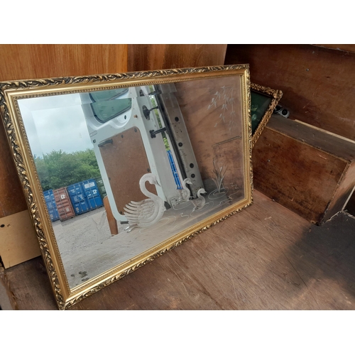 96 - 1 x gilt frame  mirror with etched and cut glass swan decoration & 2 x pictures